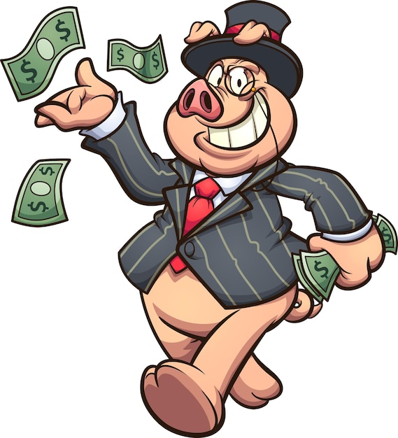 Vecteur cochon riche capitaliste jetant de l'argent en l'air