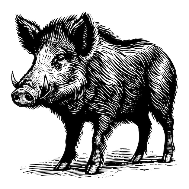 Vecteur cochon sauvage dessiné à la main dessin sur un fond isolé dessin gravé style noir et blanc