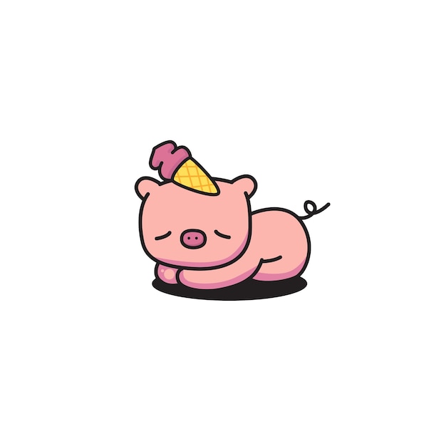 Cochon Somnolent Kawaii Mignon Avec De La Crème Glacée