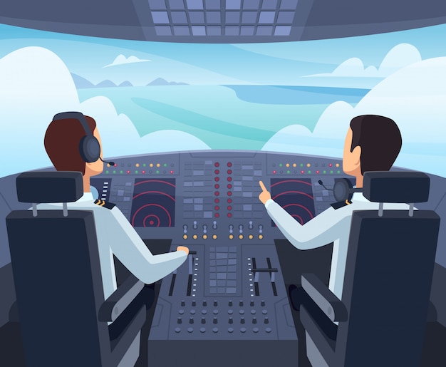 Vecteur cockpit d'avion. pilotes assis devant un avion du tableau de bord à l'intérieur d'illustrations de dessins animés