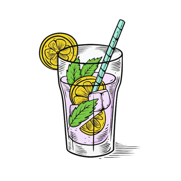 Cocktail De Citron Dessiné à La Main Style Dessin Animé Coloré Illustration D'art Vectoriel