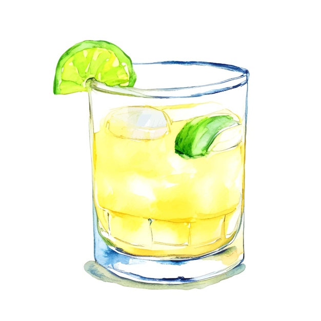 Cocktail d'été vert et jaune de vecteur avec du citron en verre peint à l'aquarelle sur fond blanc