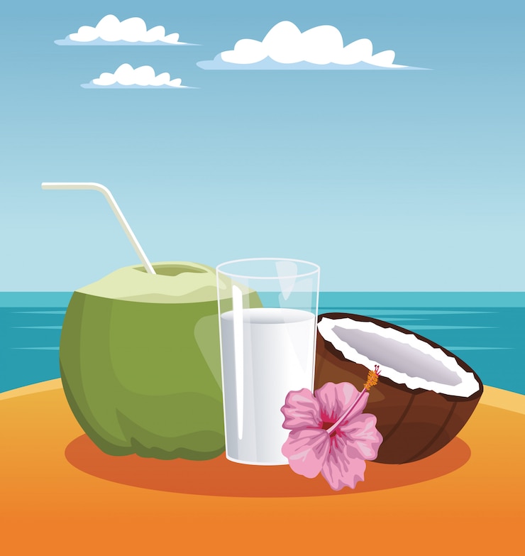 Vecteur cocktail et lait de coco à la plage