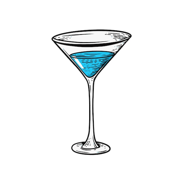 Cocktail Martini Bleu Art Vectoriel De Style Dessin Animé Dessiné à La Main.