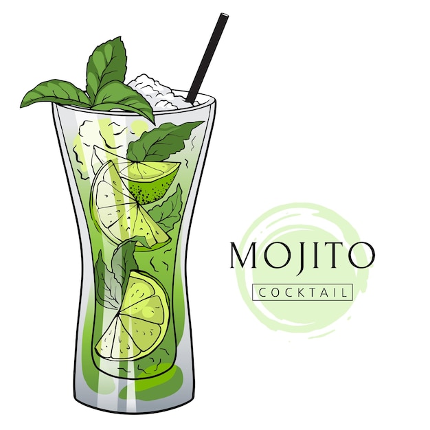 Cocktail Mojito dessiné à la main avec menthe glacée et citron vert