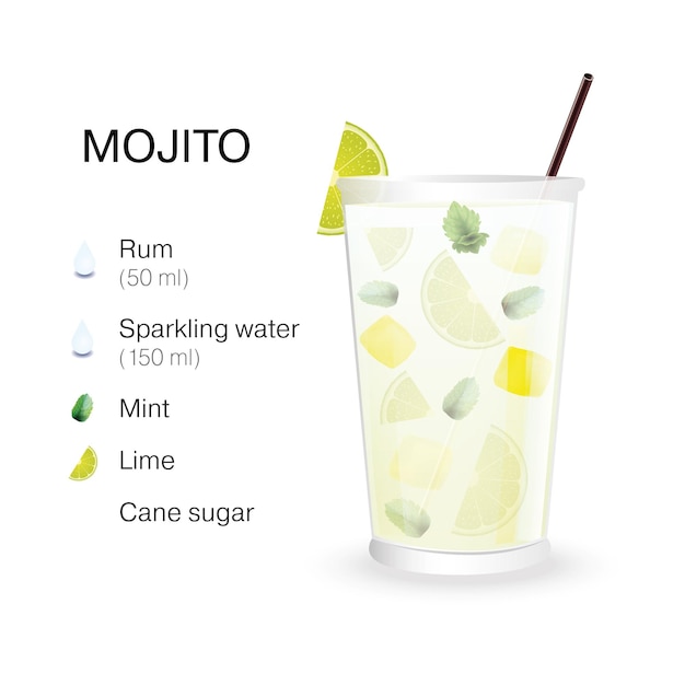 Cocktail Mojito Vectoriel Avec Une Description De La Recette Isolée Sur Fond Blanc