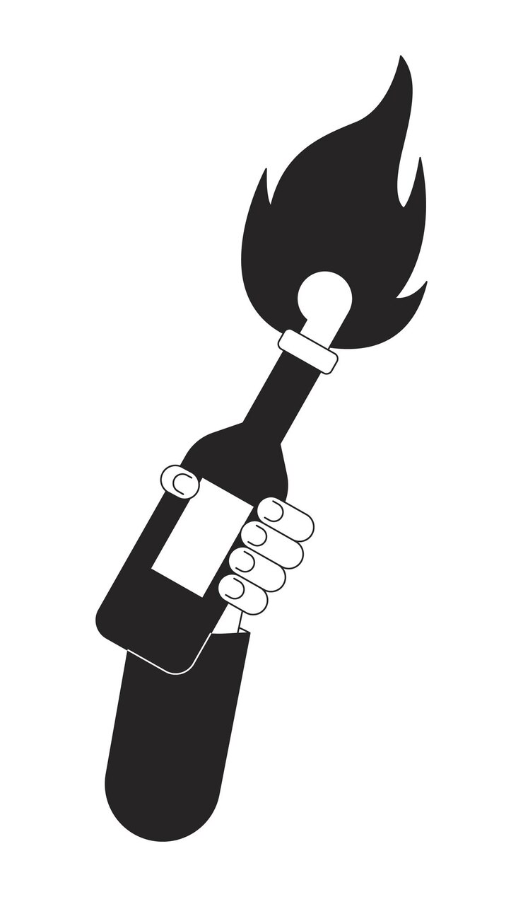 Vecteur cocktail molotov plat monochrome main vectorielle isolée bouteille de verre avec substance inflammable dessin de ligne en noir et blanc éditable illustration de point de contour simple pour la conception graphique web