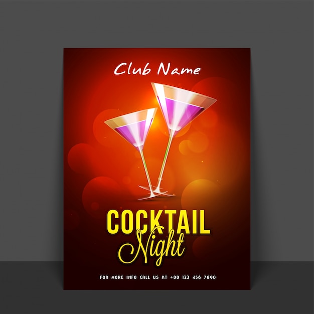 Vecteur cocktail night flyer, modèle de fête de la musique ou conception de bannière avec des lunettes brillantes sur un fond abstrait incandescent.