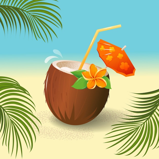 Vecteur cocktail à la noix de coco avec une paille et un parapluie