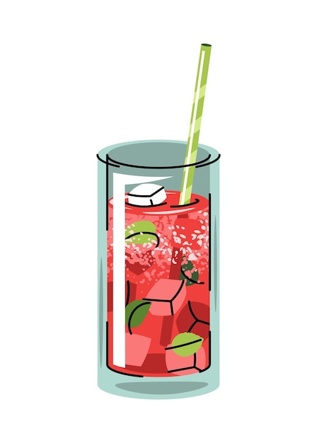 Cocktail de pastèque avec des feuilles de menthe glacée et de paille dessin vectoriel plat sur fond blanc Boisson d'été rafraîchissante boisson froide fruitée Parfait pour le menu de bar café d'emballage de nourriture