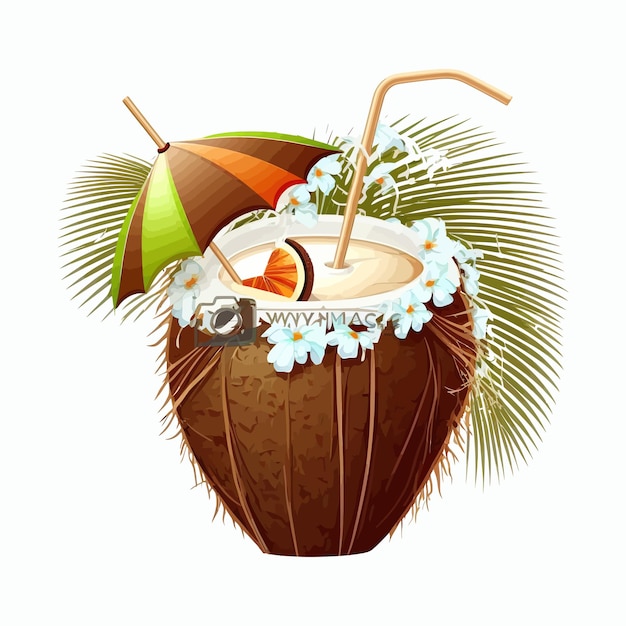 Cocktail Tropical Frais Dans La Moitié De La Noix De Coco Isolé Sur Fond Illustration Vectorielle Plane De Dessin Animé