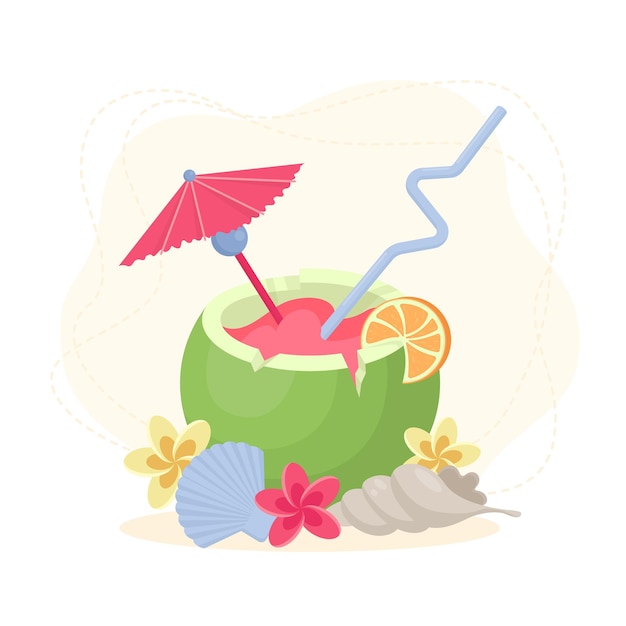 Cocktail tropical à la noix de coco Parapluie et fruits orange Shell et fleur de frangipanier Illustration vectorielle
