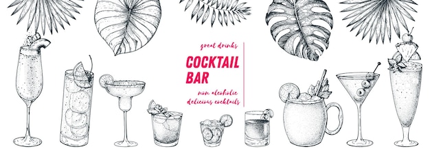 Vecteur cocktails alcoolisés illustration vectorielle dessinés à la main ensemble de cocktails collection de croquis de conception de menu de bar