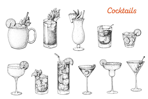 Vecteur cocktails alcoolisés illustration vectorielle dessinés à la main ensemble de croquis