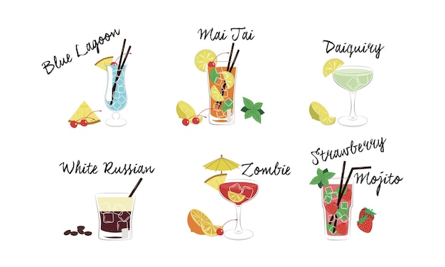 Vecteur cocktails alcoolisés mis lagon bleu mai tai daiquiri blanc russe zombie fraise mojito vecteur