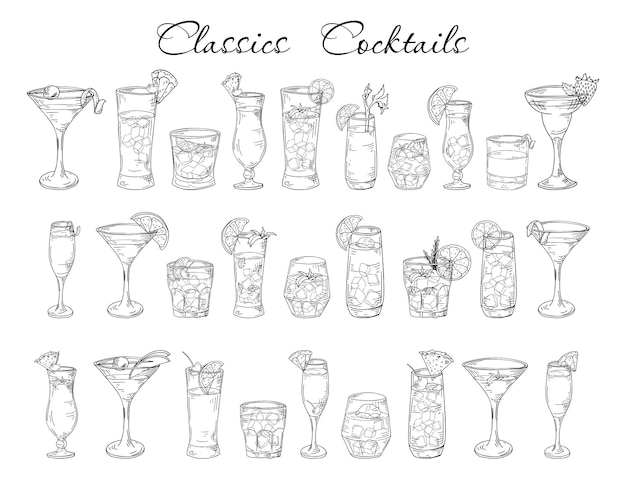 Vecteur cocktails dessinés à la main dans un style de croquis boissons alcoolisées dans différents verres isolés sur fond