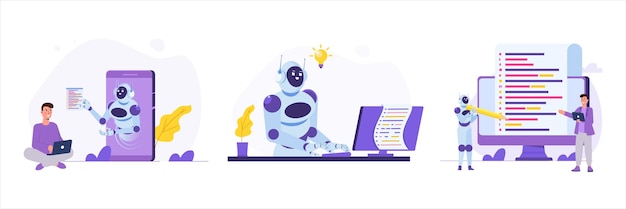 Codage bot chat bot développé concept illustrations vectorielles pour bannière site web page d'atterrissage flyer