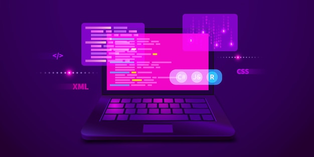 Codage De Développement Web Et Programmation De Code Informatique De Bannière Futuriste Sur Ordinateur Portable