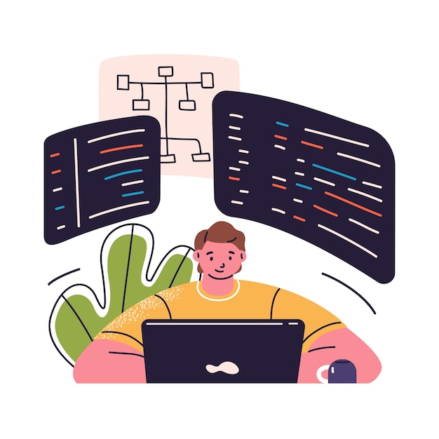Vecteur codage de programmeur sur ordinateur portable développeur de logiciels travaillant avec des structures de projet d'entreprise et des systèmes analysant des données concept de développement de programme illustration vectorielle plane isolée sur fond blanc