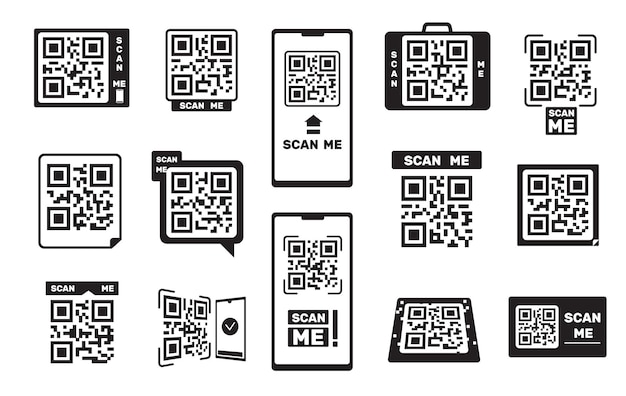 Codes QR Code-barres cadre d'identification du smartphone scannant l'étiquette de codage binaire pour le paiement mobile et le concept d'identité de l'application de vente au détail ou de téléphone portable Ensemble vectoriel