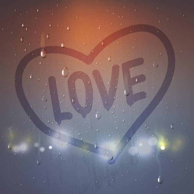 Vecteur coeur d'amour réaliste sur la composition de verre embué avec coeur peint un doigt sur illustration vectorielle en verre en sueur