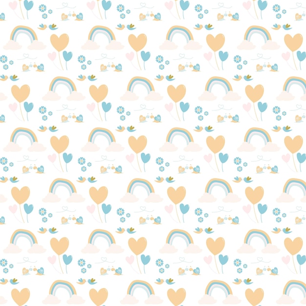 Coeur De Ballon Pastel Avec Des Oiseaux Mignons Et Un Design De Style Plat à Motif Sans Couture Arc-en-ciel