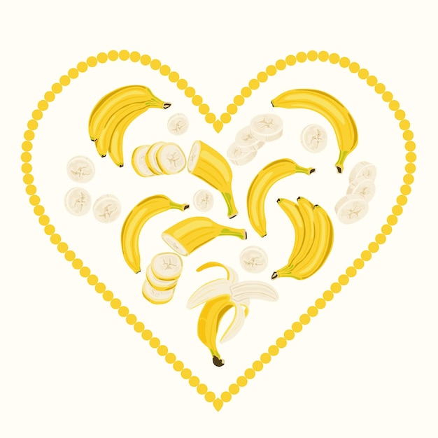 Coeur Avec Des Bananes à L'intérieur Bananes Entières Pelées Et Tranchées Illustration Vectorielle Convient Pour Les Médias Sociaux Imprimés Et Les Toiles De Fond