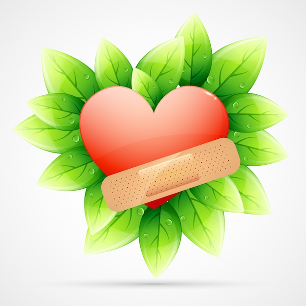 Coeur Avec Un Bandage Sur Les Feuilles Vertes