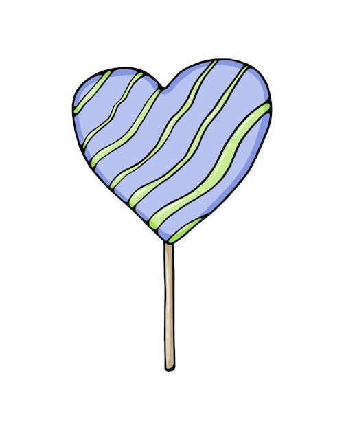 Coeur Sur Un Bâton Rayé Caramel Douceur Malbouffe Doodle Dessin Animé à Colorier Linéaire