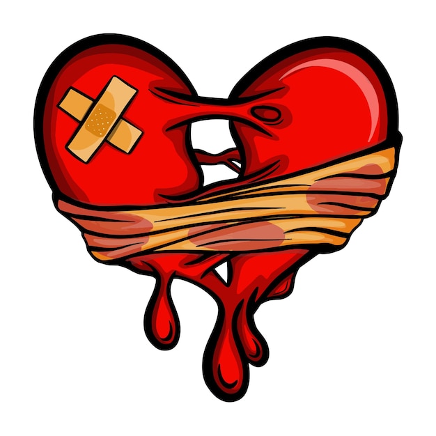 Coeur brisé clipart Drip Blood Blessure cardiaque avec pansements médicaux élastiques adhésifs et bandage