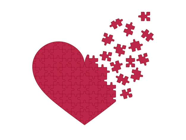 Vecteur coeur brisé et concept d'amour non partagé malheureux coeur avec des pièces de puzzle illustration vectorielle de contour plat viva couleur magenta
