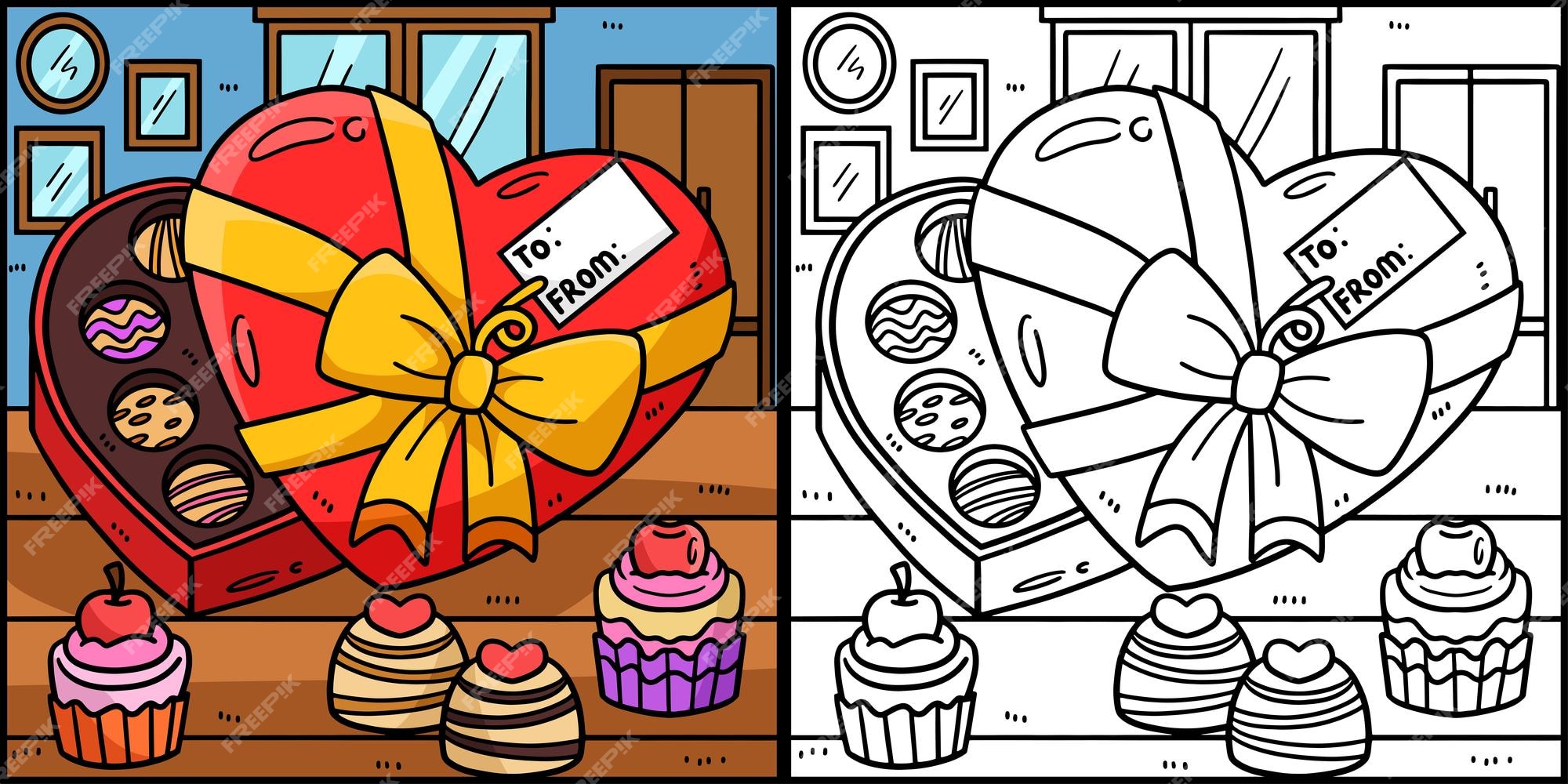 Coeur, Chocolats, Boîte, Coloriage, Page, Illustration Vecteur Premium