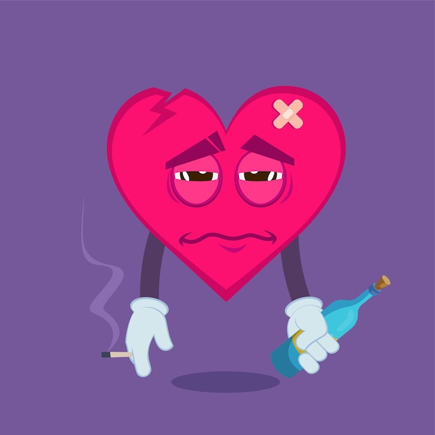 Coeur comique triste avec illustration vectorielle boisson et cigarette