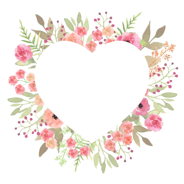 Coeur de couronne florale Collection florale élégante avec de belles fleurs à l'aquarelle Design Vector