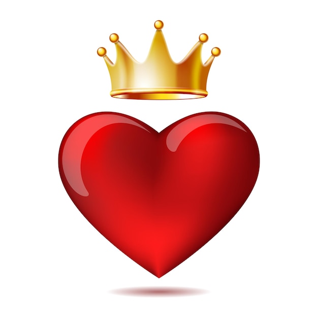 Vecteur coeur élégant rouge réaliste avec reine de la couronne d'or carte de saint valentin heureuse