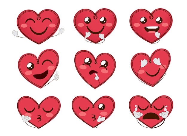 Coeur Emoji Valentines Vector Set émoticônes Coeurs De Caractères Avec Des Expressions Faciales Amoureuses