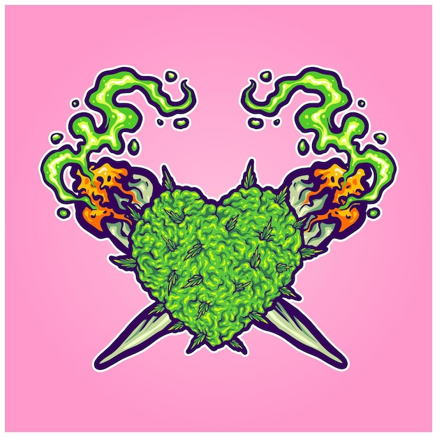 Coeur de feuille de cannabis avec illustrations de logo de fumer de l'herbe en croix