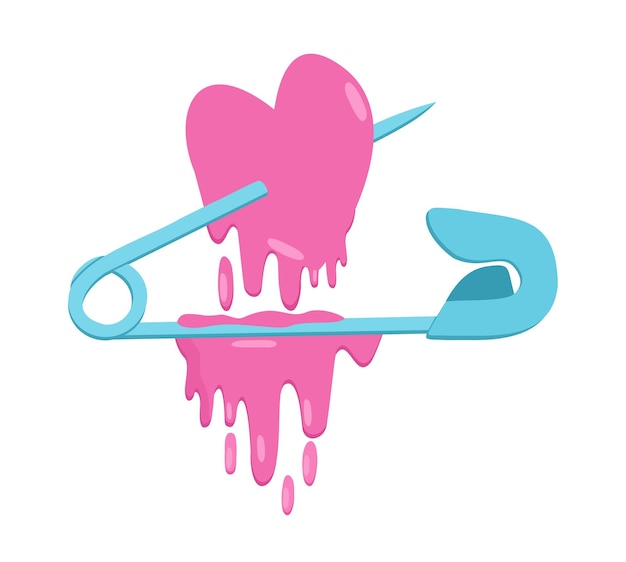 Coeur fondant sur la goupille de sécurité illustration isolée du vecteur rose et bleu