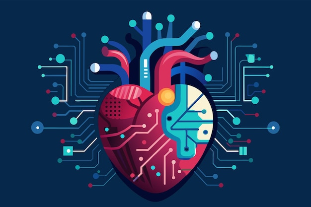 Vecteur cœur humain avec des circuits lumineux circulant à travers ses chambres représentant l'intégration de la technologie en médecine