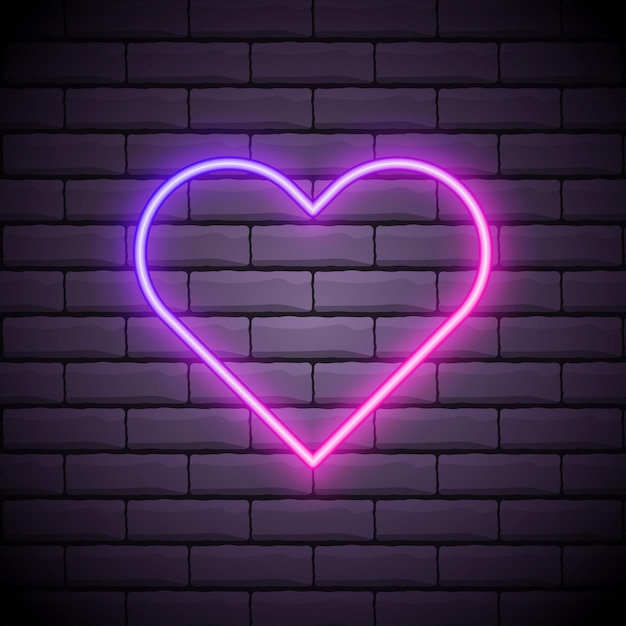Coeur lumineux Enseigne au néon Enseigne au néon rétro sur fond de mur de briques Élément de conception pour la Saint-Valentin heureuse Prêt pour votre conception bannière de carte de voeux Illustration vectorielle