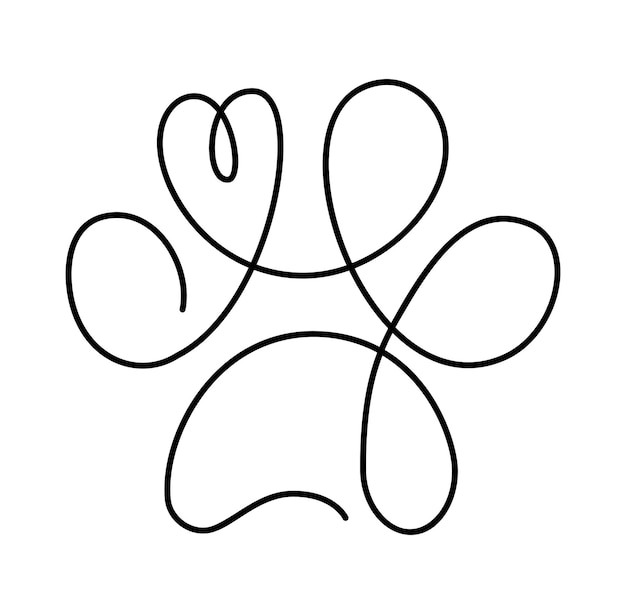 Vecteur coeur avec patte de chat ou de chien empreinte de chat en ligne continue dessin logo dessin au trait minimal animal