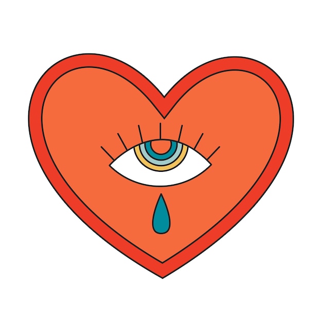 Coeur psychédélique des années 70 avec oeil abstrait Symbole d'amour groovy rétro