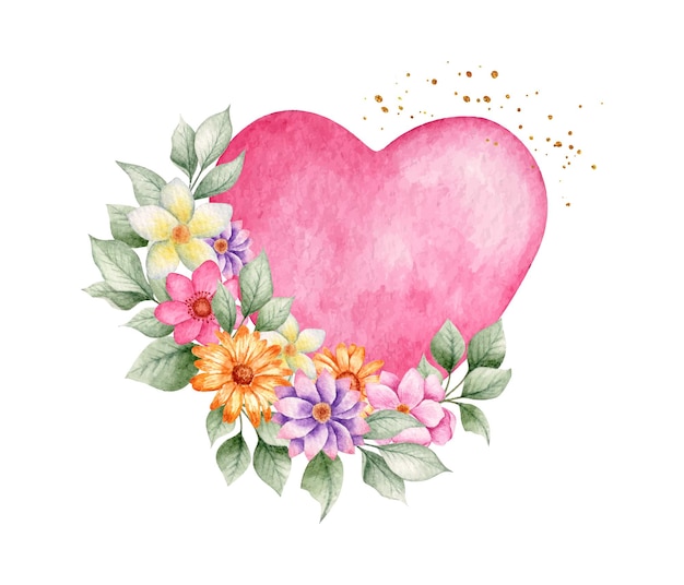 Coeur rose aquarelle avec des fleurs