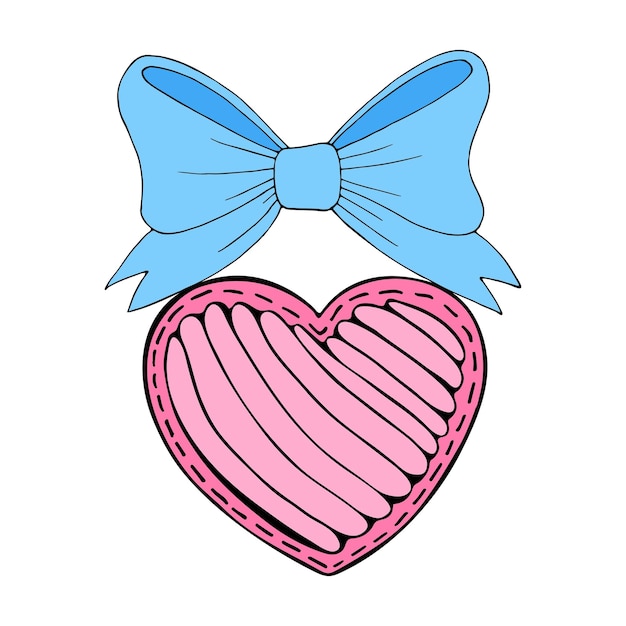 Coeur rose avec noeud de ruban bleu Illustration plate romantique Carte d'amour Saint Valentin Graphiques simples vectoriels dessinés à la main Élément de conception de doodle isolé