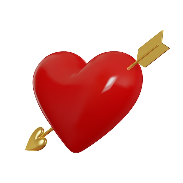 Cœur rouge brillant 3D avec flèche dorée en perspective Symbole d'amour Carte de la Saint-Valentin 3D réaliste isolée sur fond blanc Illustration vectorielle