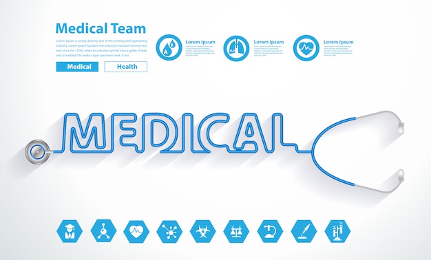 Coeur De Stéthoscope De Vecteur Avec La Conception De Texte Médical Créatif
