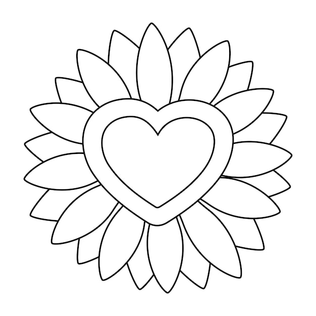 Coeur Et Tournesol Dans L'illustration De Style De Contour Sur La Fleur Et L'amour