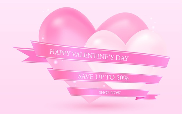 Coeur tridimensionnel de la Saint-Valentin et étiquette de ruban rose avec message