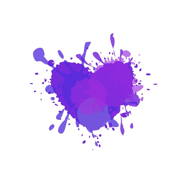 Vecteur coeur violet avec des taches de peinture et des éclaboussures peinture pulvérisée coeur vectoriel isolé sur blanc