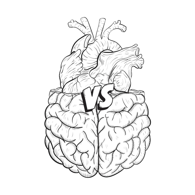 Vecteur coeur vs cerveau. concept d'esprit contre l'amour lutte, choix difficile. illustration en noir et blanc dessiné à la main.